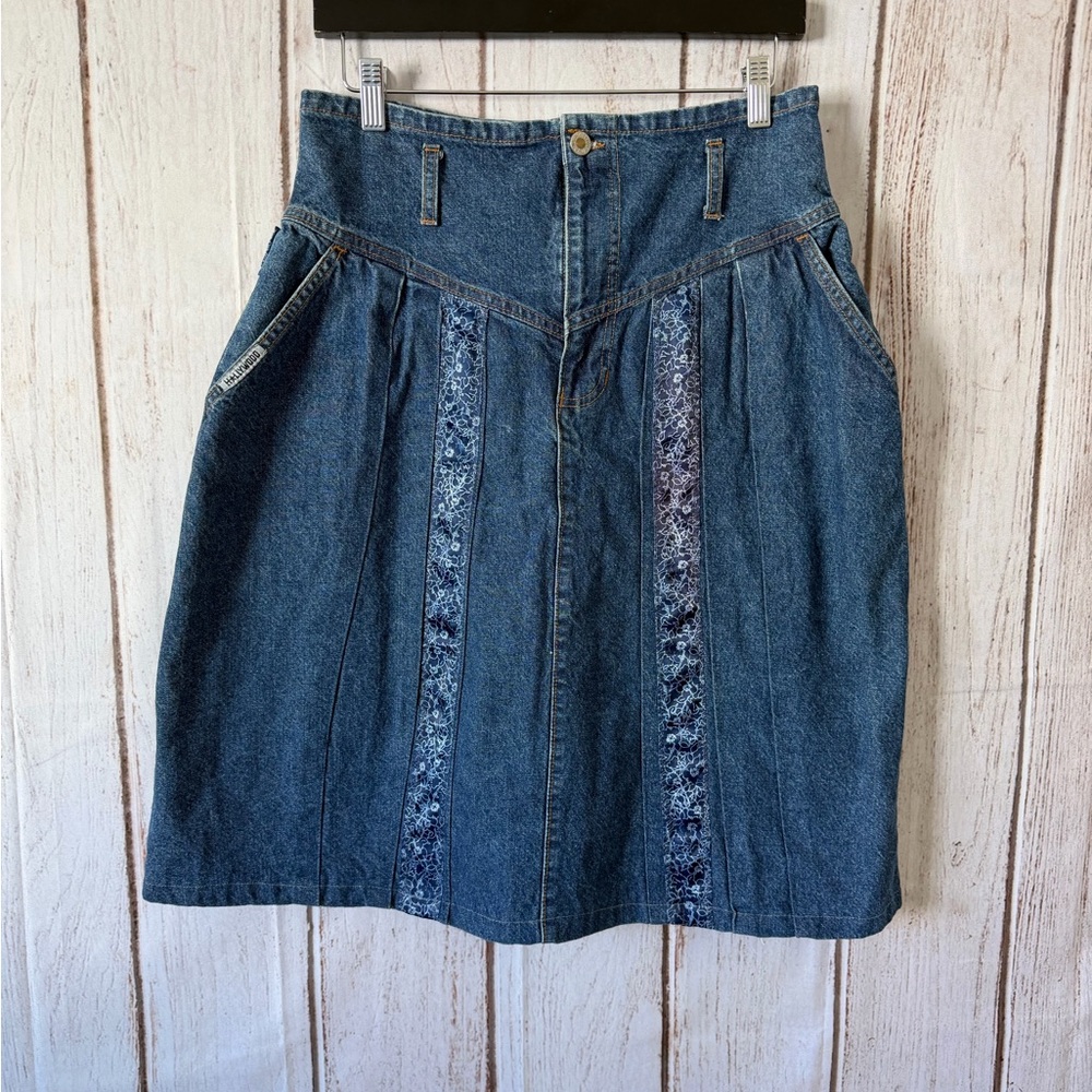 Vintage Upcycled Hollywood Denim Skirt High Waisted Floral Inset Pleated 80s